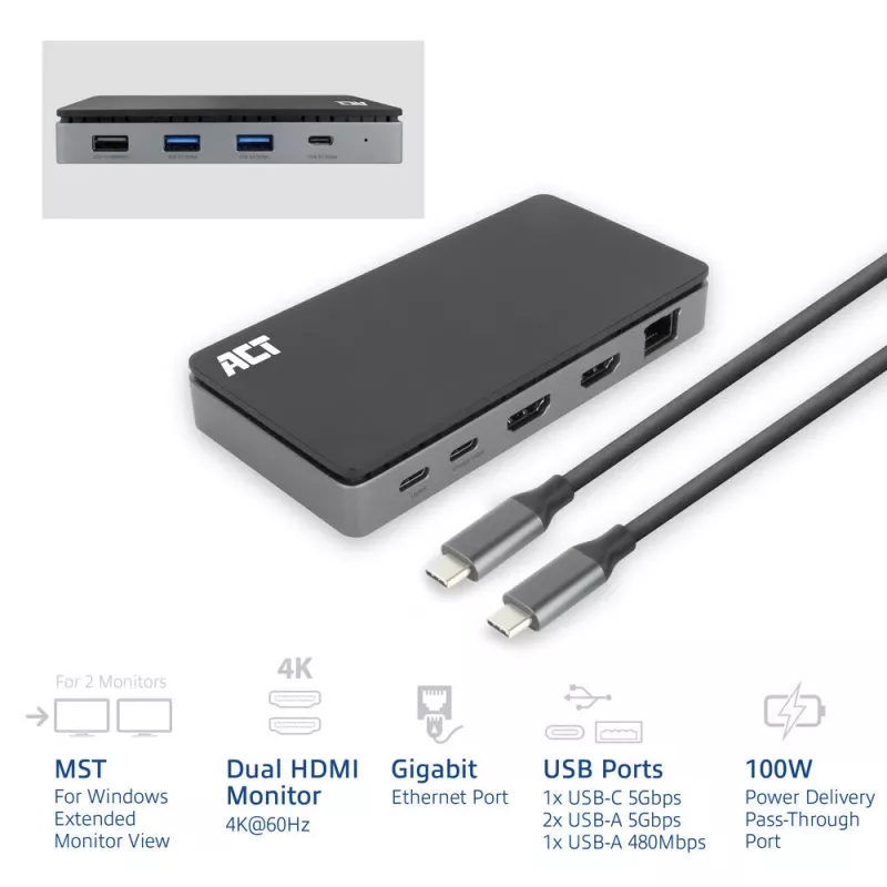 ACT USB-C 4K MST dokstacija 2 HDMI monitoriem, Ethernet, USB-C, 3x USB-A, PD caurlaide un 1 metru atvienojams savienojuma kabelis