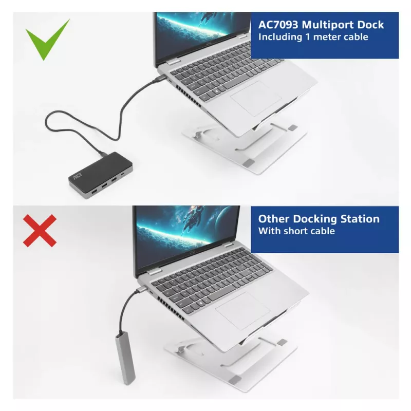 ACT USB-C 4K MST dokstacija 2 HDMI monitoriem, Ethernet, USB-C, 3x USB-A, PD caurlaide un 1 metru atvienojams savienojuma kabelis