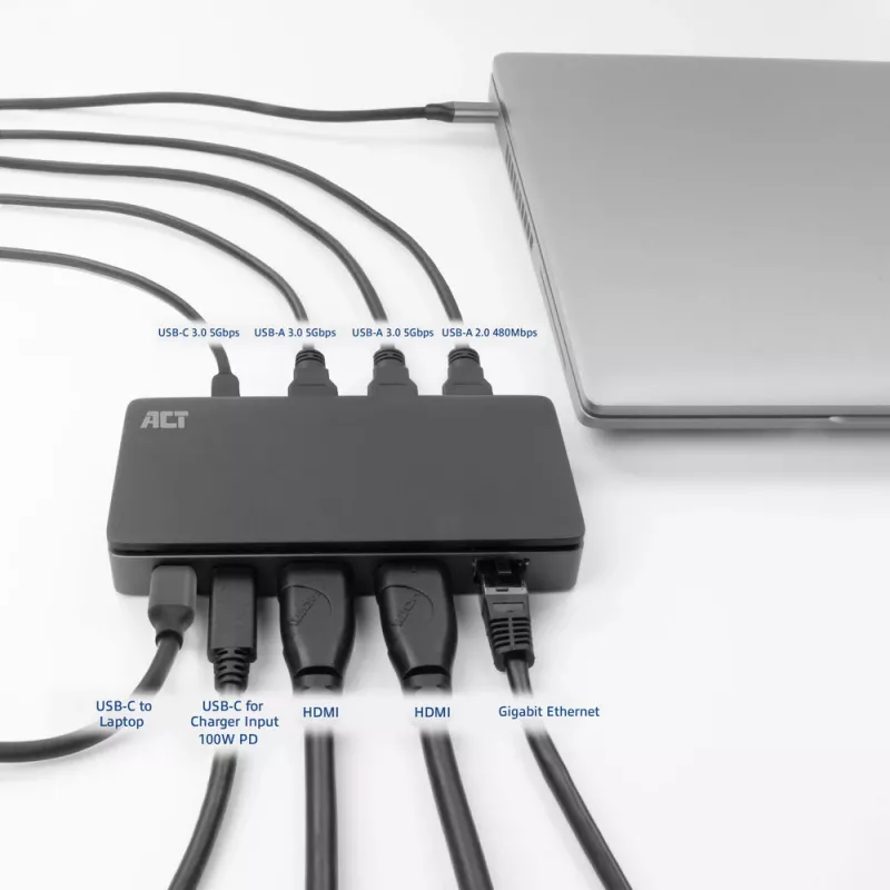 ACT USB-C 4K MST dokstacija 2 HDMI monitoriem, Ethernet, USB-C, 3x USB-A, PD caurlaide un 1 metru atvienojams savienojuma kabelis