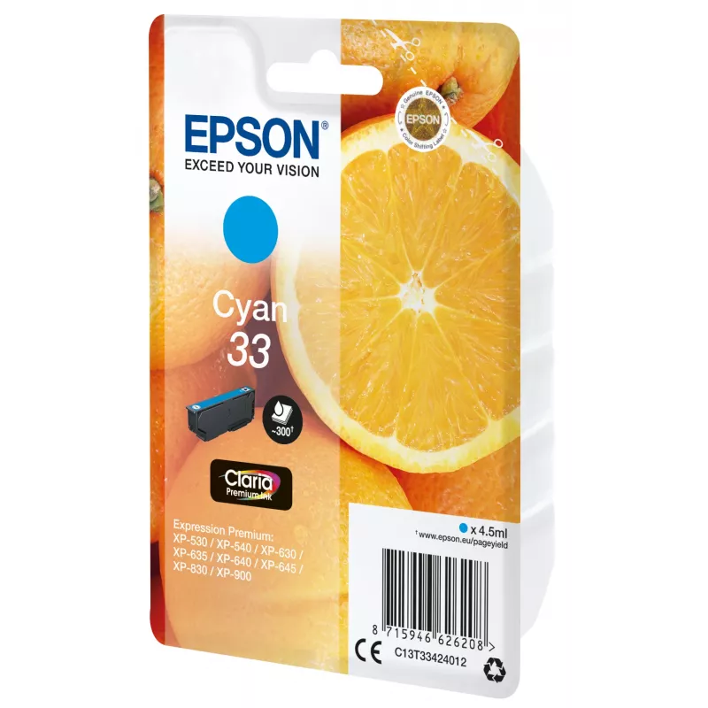 Epson oranžas Singlepack ciāna 33 Claria Premium tintes kārtridžs, Ciāna, 4,5 ml, 1 gab., 300 lapas
