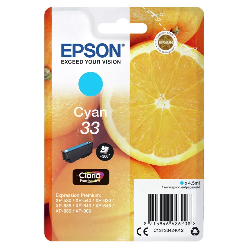 Epson oranžas Singlepack ciāna 33 Claria Premium tintes kārtridžs, Ciāna, 4,5 ml, 1 gab., 300 lapas