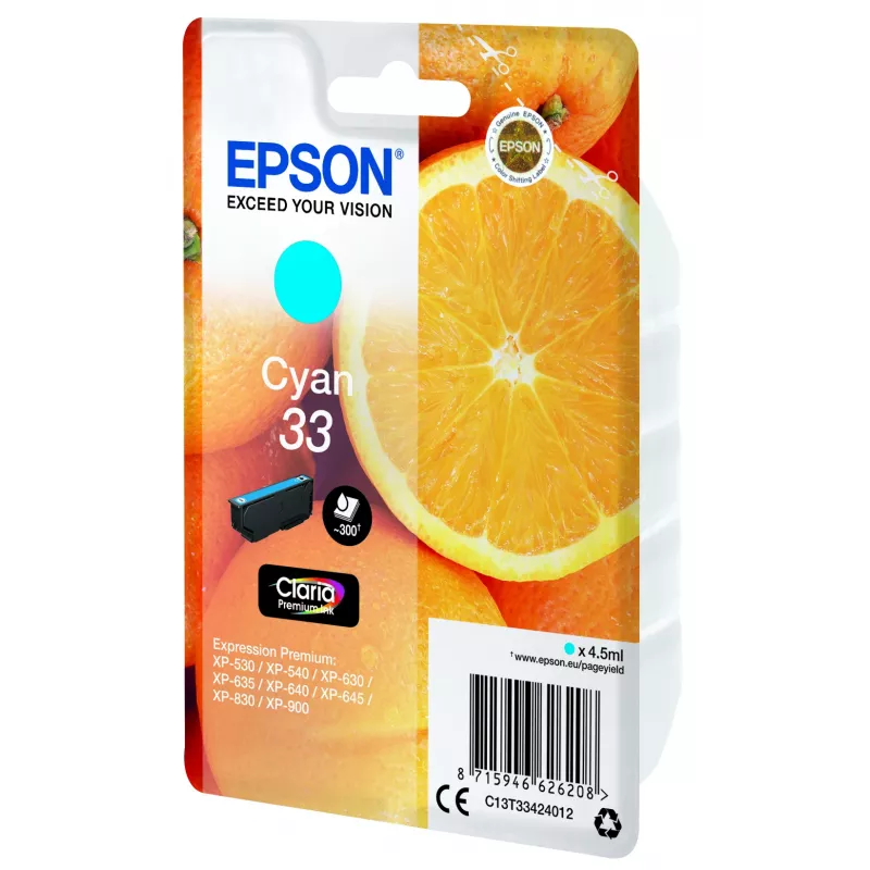Epson oranžas Singlepack ciāna 33 Claria Premium tintes kārtridžs, Ciāna, 4,5 ml, 1 gab., 300 lapas