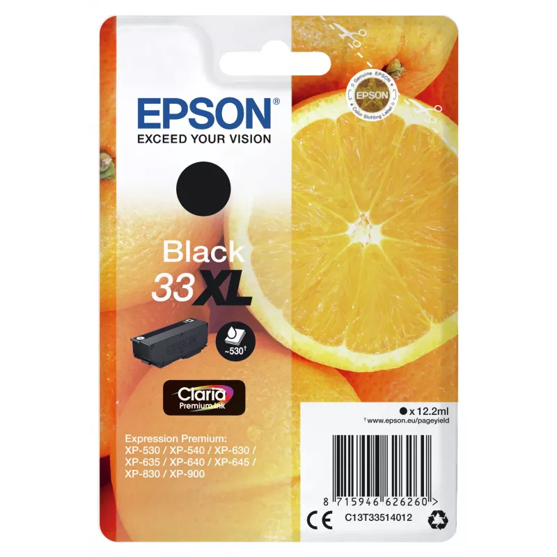 Epson oranžas Singlepack Melns 33XL Claria Premium tinte, lielas (XL) ietilpības, melna, pigmenta tinte, 12,2 ml, 1 gab.