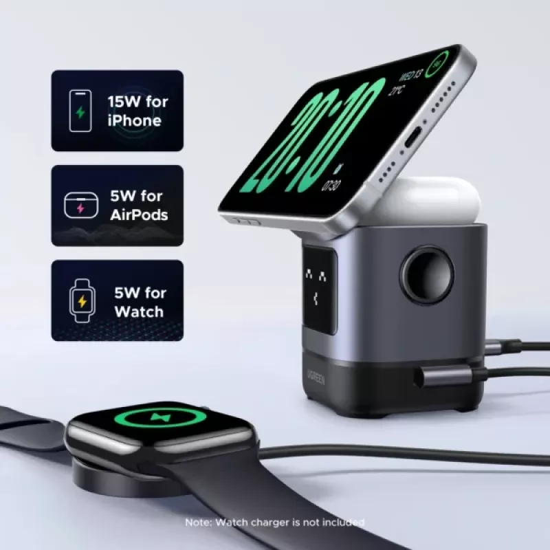 Lādētājs UGREEN 45775 — iekštelpu maiņstrāvas bezvadu ātrais lādētājs, universāls, 1× USB-C, melns/pelēks