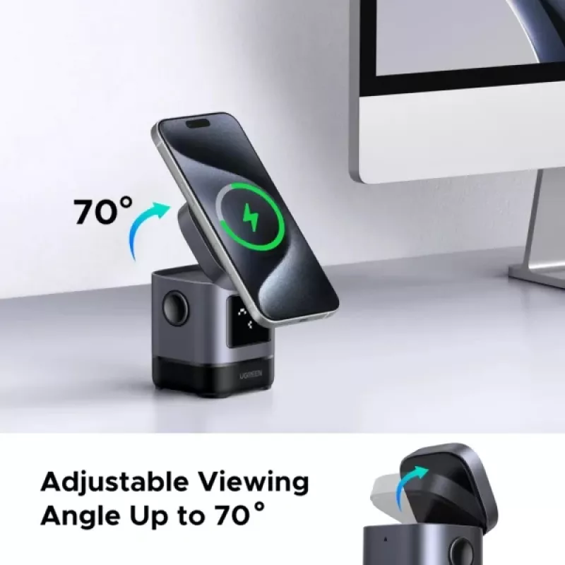 Lādētājs UGREEN 45775 — iekštelpu maiņstrāvas bezvadu ātrais lādētājs, universāls, 1× USB-C, melns/pelēks