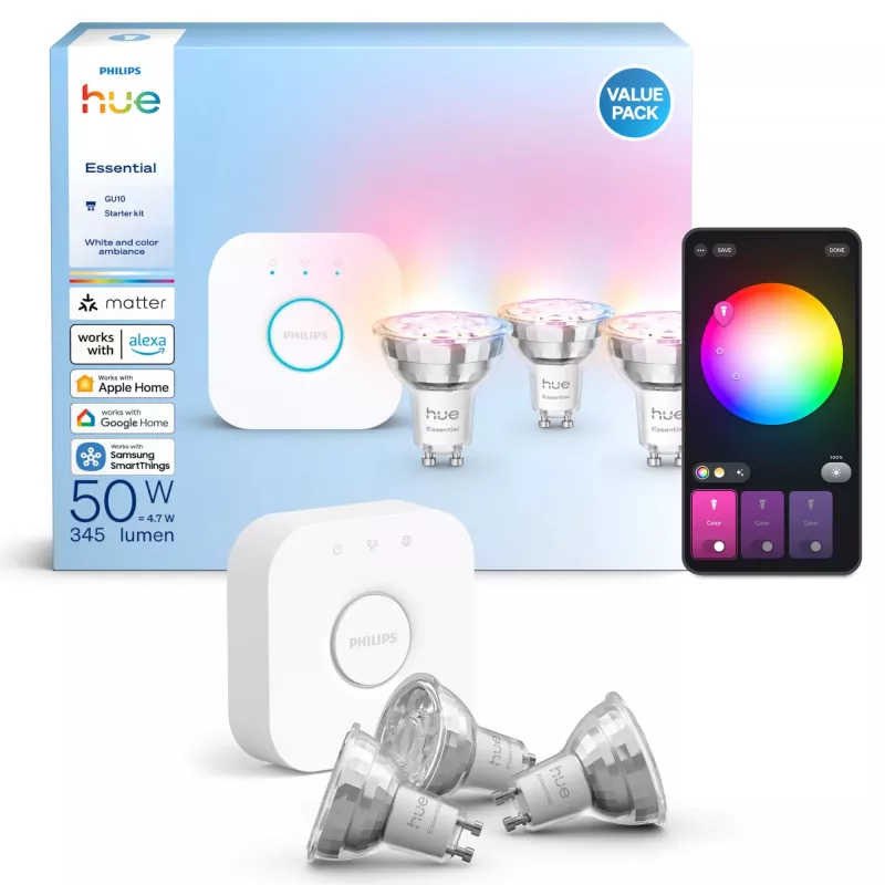 Philips Hue balta and colour ambience Essential starter komplekts: 3 GU10 viedās spuldzes (345 lm)