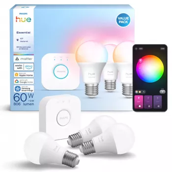 Viedā apgaismojuma komplekts Philips Hue White and colour ambience Essential — 3× E27 viedās spuldzes, 806 lm, 8 W, Bluetooth/Zigbee