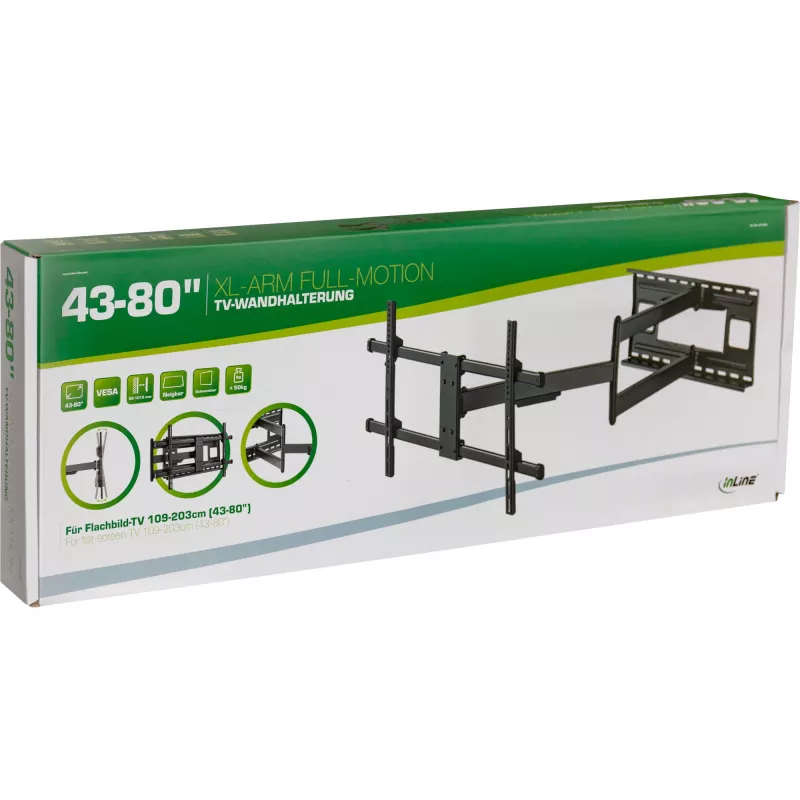 InLine XL-Arm pilnas kustības TV sienas stiprinājums, 43–80 collu plakanā paneļa televizoriem, maks. 50 kg