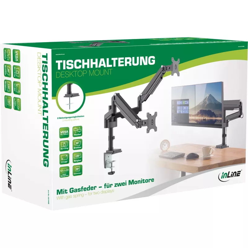 InLine galda stiprinājums ar pacēlāju, diviem monitoriem līdz 82cm (32 collas), 9kg