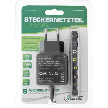 InLine universālais barošanas bloks, 5 V / 15 W, ar 8 maināmiem spraudņiem, Micro-USB, USB-C