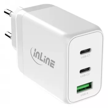 InLine mobilo ierīču lādētājs 31506E — Iekštelpu maiņstrāvas universālais ātrais lādētājs, 100–240V ieeja, līdz 20V/5A izeja, 1x USB-A, 2x USB-C, balts