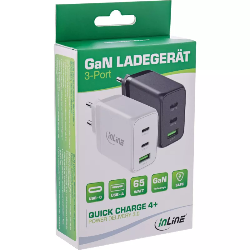 InLine mobilo ierīču lādētājs 31506E — Iekštelpu maiņstrāvas universālais ātrais lādētājs, 100–240V ieeja, līdz 20V/5A izeja, 1x USB-A, 2x USB-C, balts