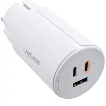 InLine USB PD barošanas bloks, GaN lādētājs, 3 porti, Dual USB-C + USB-A, 65W, balts