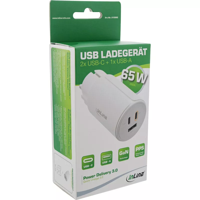 InLine USB PD barošanas bloks, GaN lādētājs, 3 porti, Dual USB-C + USB-A, 65W, balts
