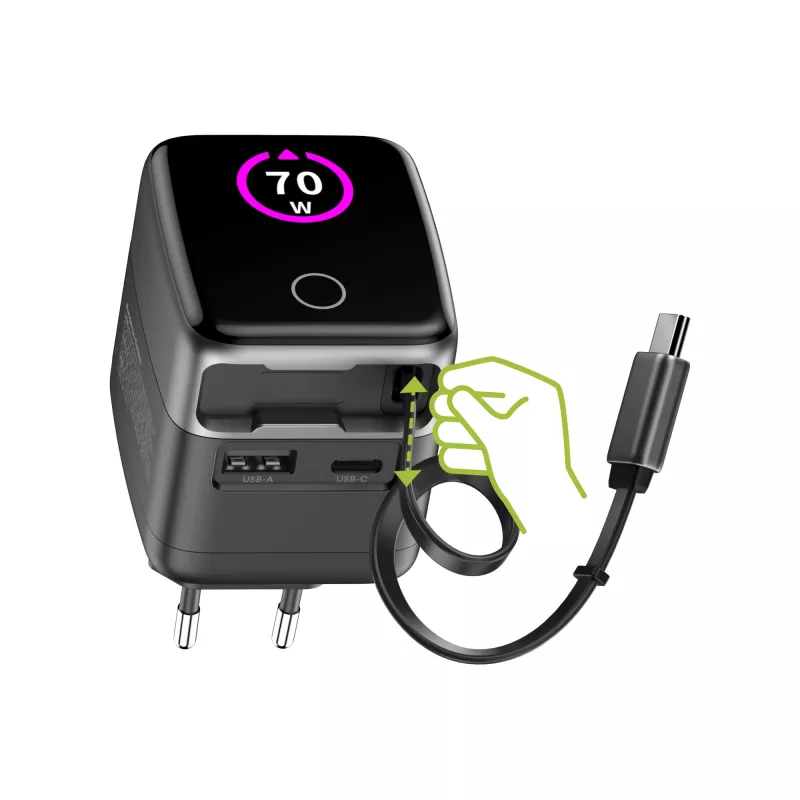 InLine USB barošanas bloks, 70 W, GaN, USB-C PD + USB-A QC, kabelis 60 cm, melns