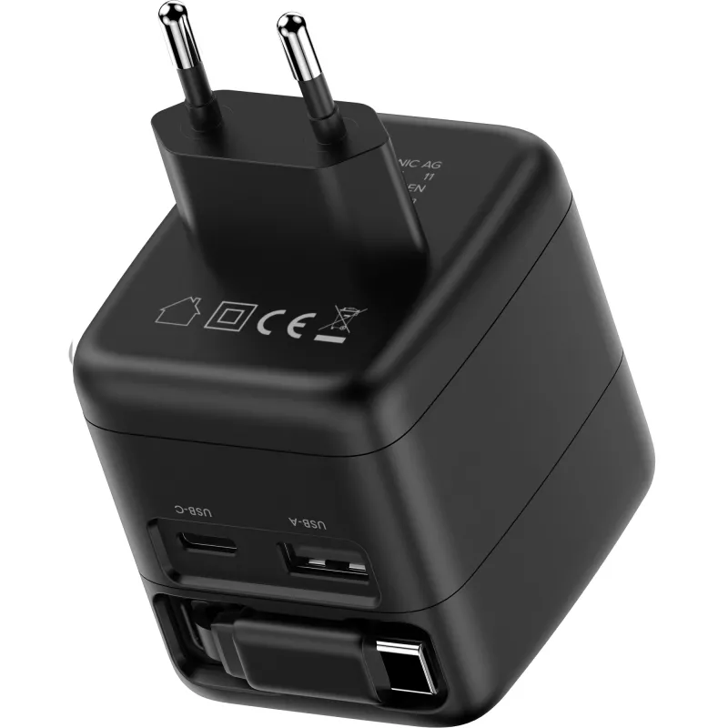 InLine USB barošanas bloks, 70 W, GaN, USB-C PD + USB-A QC, kabelis 60 cm, melns