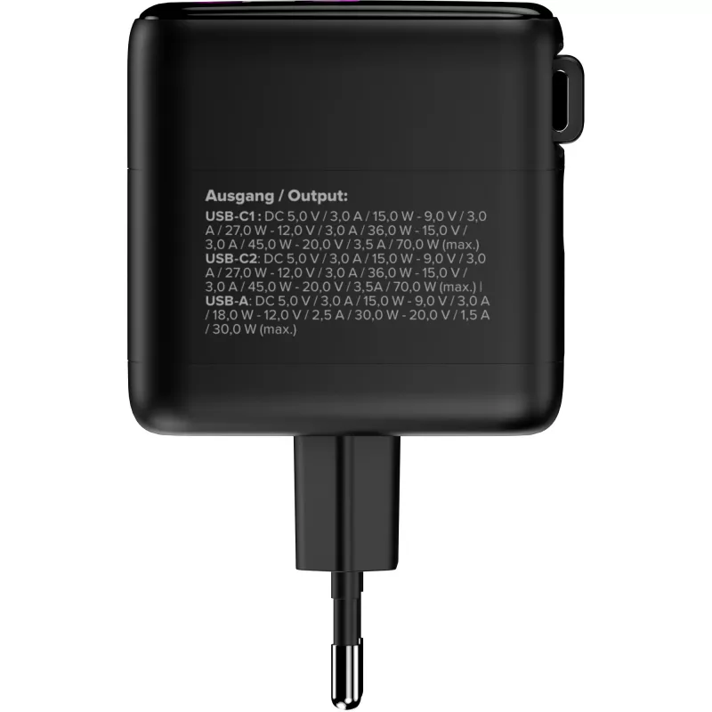 InLine USB barošanas bloks, 70 W, GaN, USB-C PD + USB-A QC, kabelis 60 cm, melns