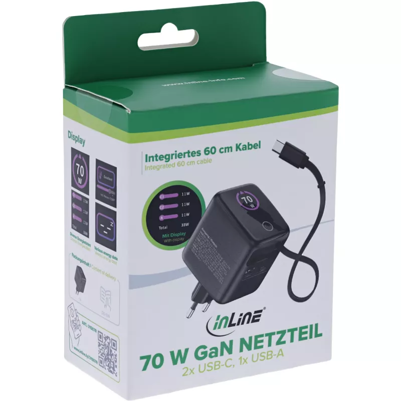 InLine USB barošanas bloks, 70 W, GaN, USB-C PD + USB-A QC, kabelis 60 cm, melns