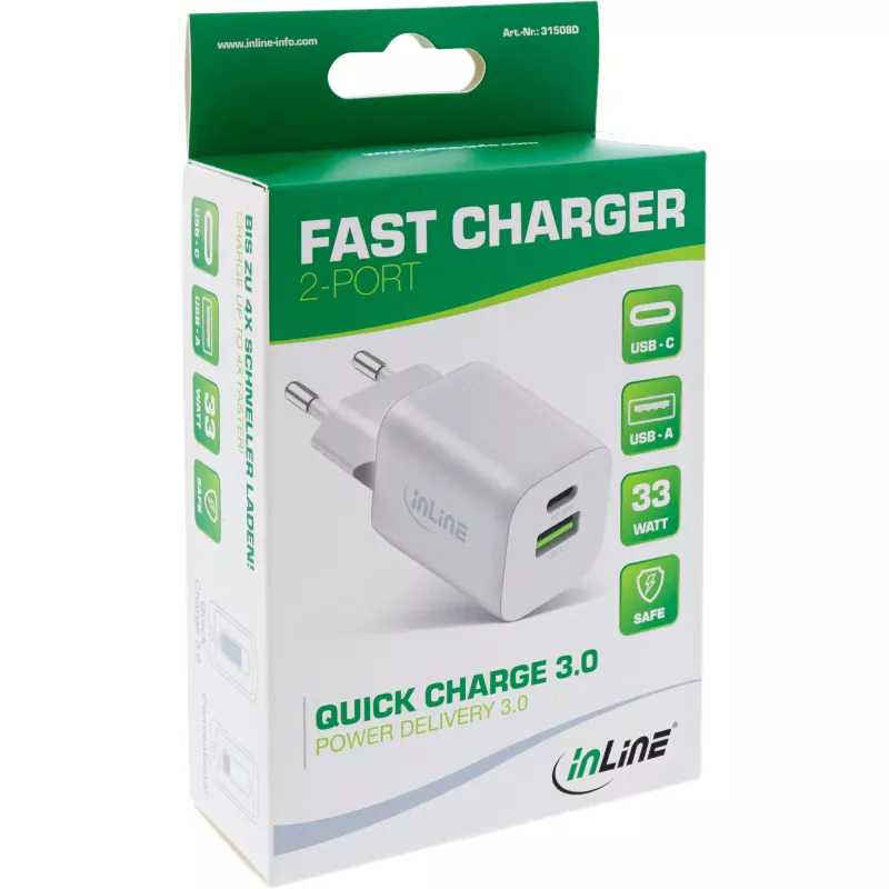 InLine USB barošanas avots, lādētājs USB-A + USB-C, 33W, PD + QC, balts