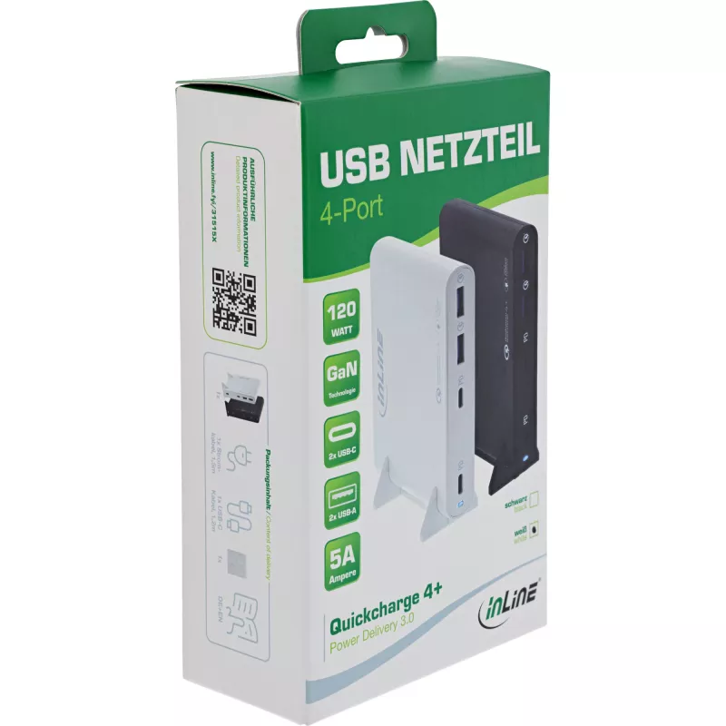 InLine USB barošanas bloks, GaN lādētājs, 4 portu, 2x USB-C + 2x USB-A, 120 W, balts