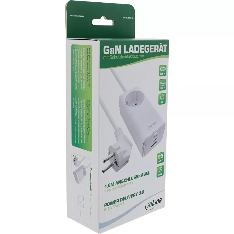 InLine USB barošanas bloks, GaN lādētājs, 2x USB-C, 1x USB-A, PD 3.0, drošības kontaktligzda