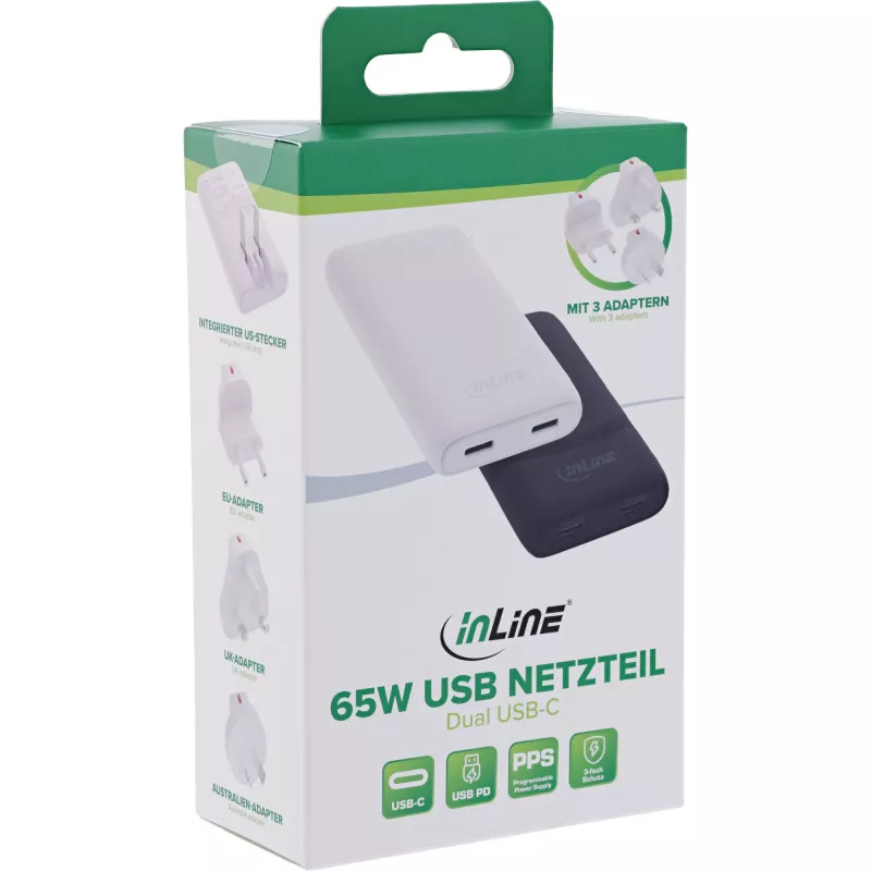 USB barošanas adapteris InLine 31519C Dual USB-C 65W - divi USB-C porti, 65 W kopējā izejas jauda