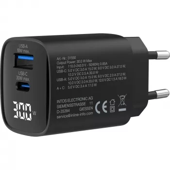 InLine USB PD barošanas avots, GaN lādētājs, 2 pieslēgvietas, USB-C + USB-A, 30 W, ar displeju