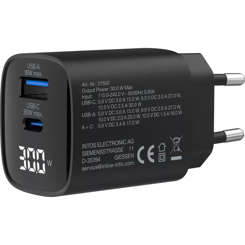 InLine USB PD barošanas avots, GaN lādētājs, 2 pieslēgvietas, USB-C + USB-A, 30 W, ar displeju