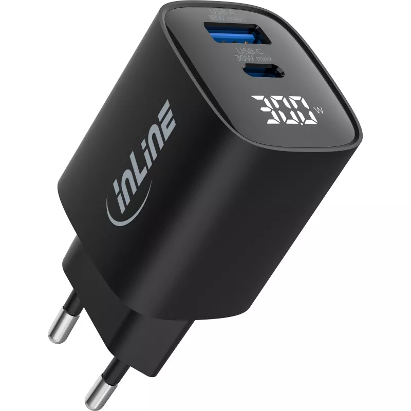 InLine USB PD barošanas avots, GaN lādētājs, 2 pieslēgvietas, USB-C + USB-A, 30 W, ar displeju