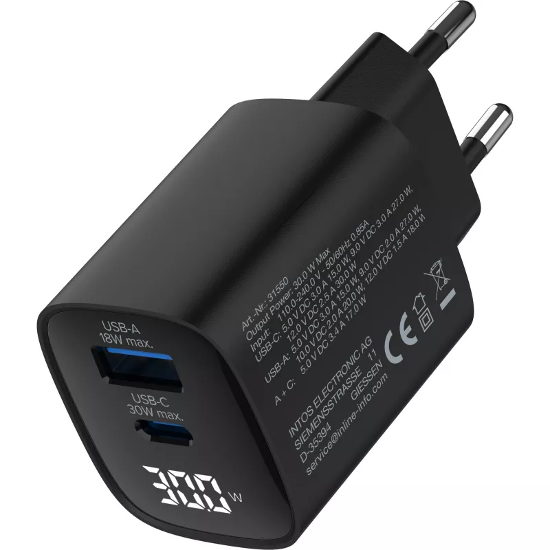InLine USB PD barošanas avots, GaN lādētājs, 2 pieslēgvietas, USB-C + USB-A, 30 W, ar displeju