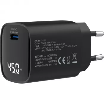 InLine USB PD barošanas avots, GaN lādētājs, 1 porta, USB-C, 45W, ar displeju