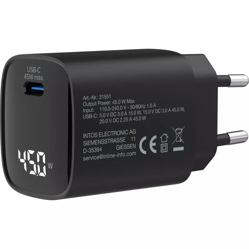 InLine USB PD barošanas avots, GaN lādētājs, 1 porta, USB-C, 45W, ar displeju