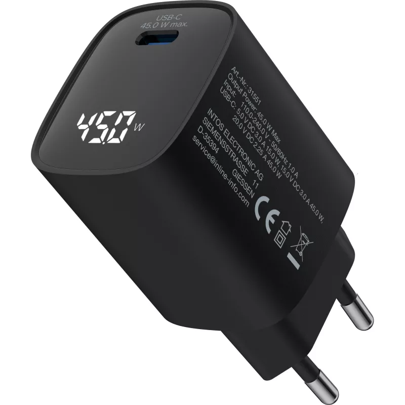 InLine USB PD barošanas avots, GaN lādētājs, 1 porta, USB-C, 45W, ar displeju