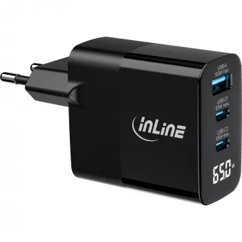 InLine USB PD barošanas bloks, GaN lādētājs, 3 portu, USB-C + USB-A, 65 W, ar displeju