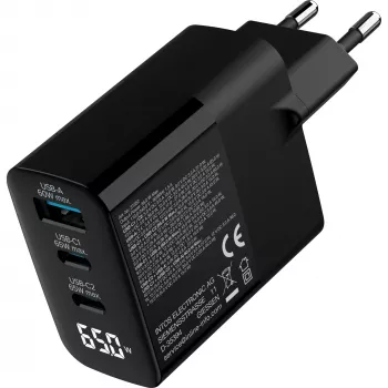 InLine USB PD barošanas bloks, GaN lādētājs, 3 portu, USB-C + USB-A, 65 W, ar displeju