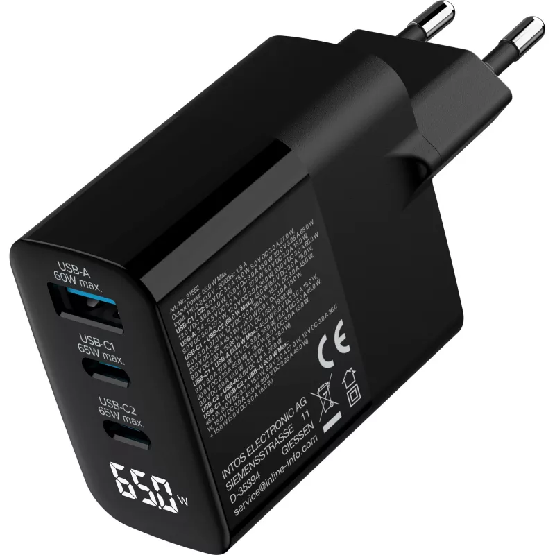 InLine USB PD barošanas bloks, GaN lādētājs, 3 portu, USB-C + USB-A, 65 W, ar displeju