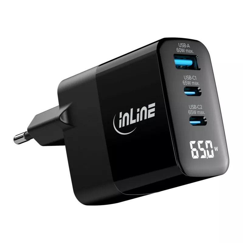 InLine USB PD barošanas bloks, GaN lādētājs, 3 portu, USB-C + USB-A, 65 W, ar displeju