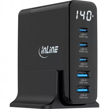InLine USB PD barošanas bloks, GaN lādētājs, 5 porti, USB-C + USB-A, 140W, ar displeju