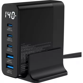 InLine USB PD barošanas bloks, GaN lādētājs, 5 porti, USB-C + USB-A, 140W, ar displeju