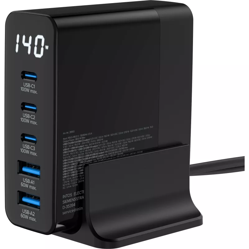 InLine USB PD barošanas bloks, GaN lādētājs, 5 porti, USB-C + USB-A, 140W, ar displeju