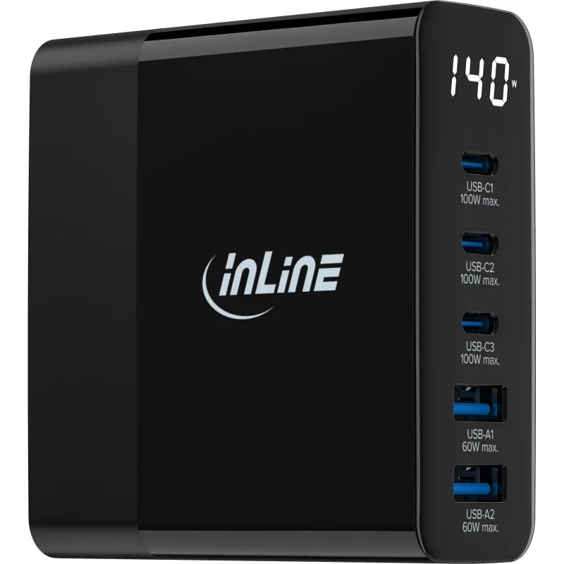 InLine USB PD barošanas bloks, GaN lādētājs, 5 porti, USB-C + USB-A, 140W, ar displeju