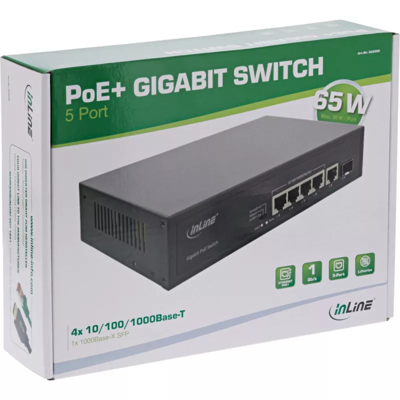 Nepārvaldāms tīkla komutators InLine PoE+ Gigabit Ethernet 5 portu 4x PoE+ 1xSFP 1 Gb/s galddatoram