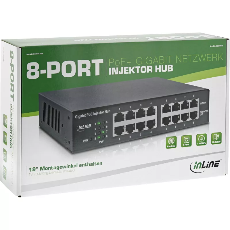 InLine PoE+ Gigabit tīkls Injector Hub 8 Port (8x PoE+), 1Gb/s, 19 collas 1U