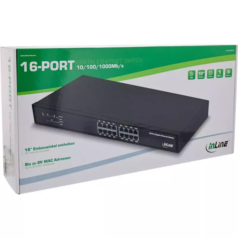 InLine Gigabit tīkla komutators 16 portu, 1Gb/s, 19 collu 1U, bez ventilatora