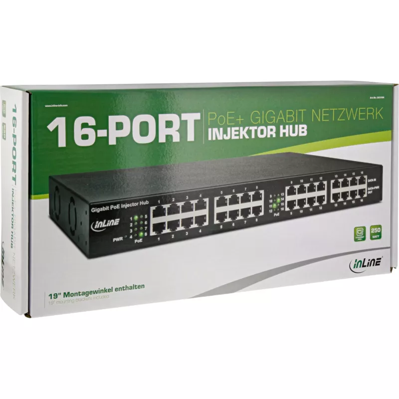 InLine PoE+ Gigabit tīkla inžektora centrmezgls, 16 porti PoE+, 19 inch1U, iekļauti kronšteini, 2 ventilatori