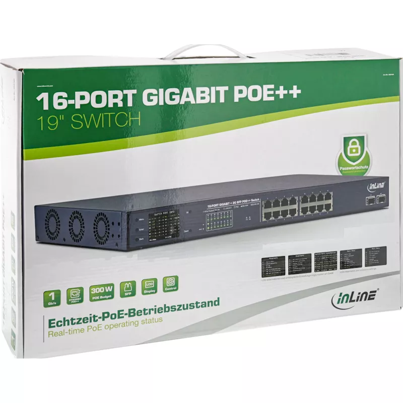 InLine PoE+ Gigabit tīkla komutators 24 porti, 1 Gb/s, 2xSFP, 19 collu 1U (iekļauti stiprinājumi)
