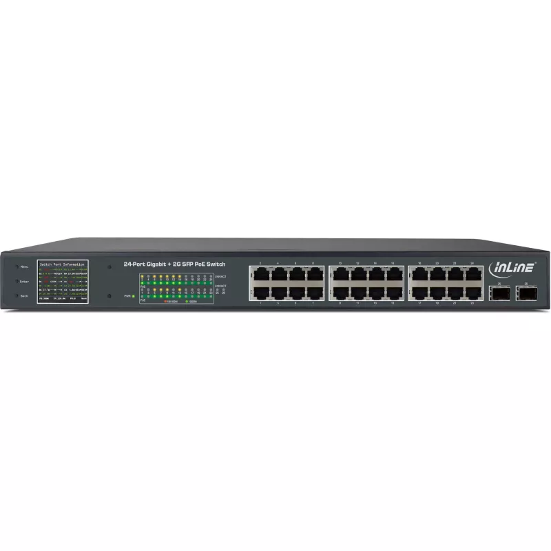 InLine PoE+ Gigabit tīkla slēdzis, 24 porti, 1 Gb/s, 2xSFP, 19 inch 1U (iekļauti kronšteini)