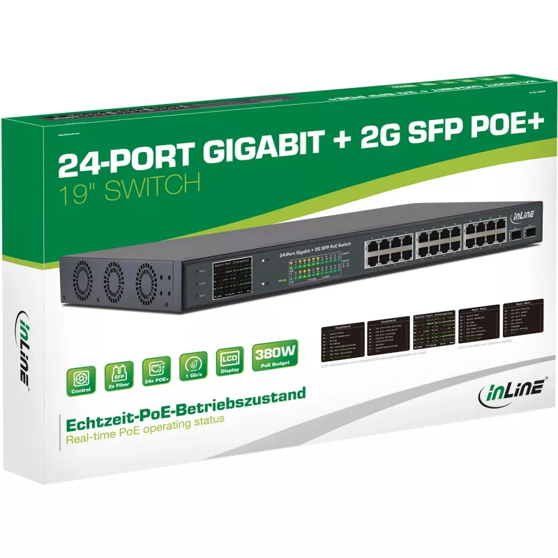 InLine PoE+ Gigabit tīkla slēdzis, 24 porti, 1 Gb/s, 2xSFP, 19 inch 1U (iekļauti kronšteini)