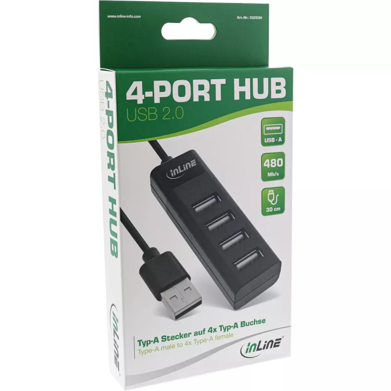 InLine USB 2.0 4-Port Hub, Type-A male to 4x Type-A female, Melns, 30cm, plāns