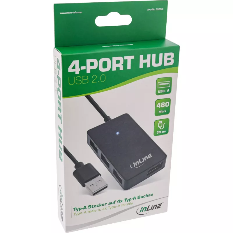 InLine USB 2.0 4 portu centrmezgls, Type-A spraudnis uz 4x Type-A sievišķo, melns, 30cm